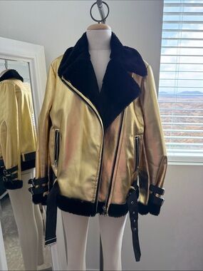 Gold Faux-Leather Moto Jacket with Black Shearling Collar and lining